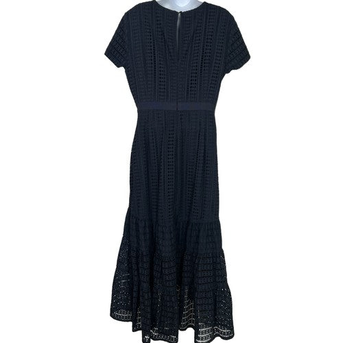 Banana Republic Maxi Dress Womens 12 Navy Blue Eyelet Tiered Cotton Cottagecore