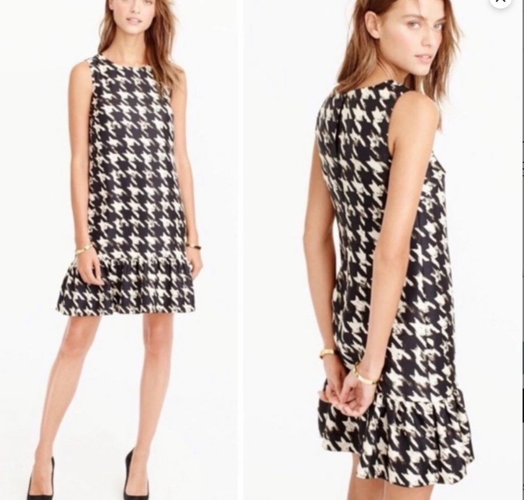 J CREW Dress Size 8 Lined  Houndstooth Cream & Brown Cocktail Dress Ruffled Hem