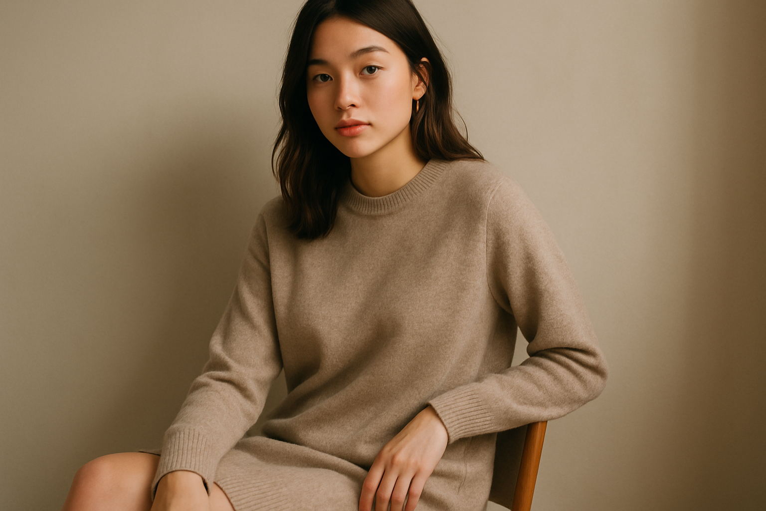 a young girl (gen z) wearing a cozy cashmere dress