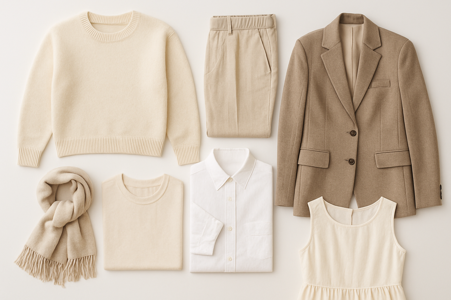 Feature a clean, organized flat-lay of 5-7 core wardrobe items in neutral colors, all made from natural fabrics like wool, cotton and linen